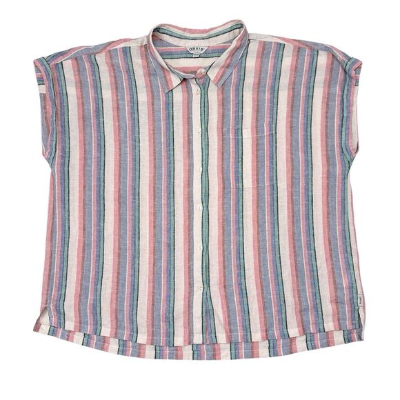 Orvis Top Women’s Size XXL Multicolor Striped Linen Blend Button Front Cuff - Picture 2 of 11
